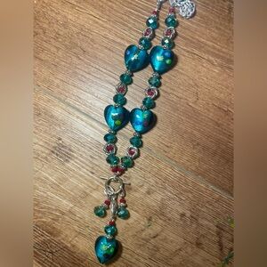 Turquoise glass foil bead trap, necklace, silver tone